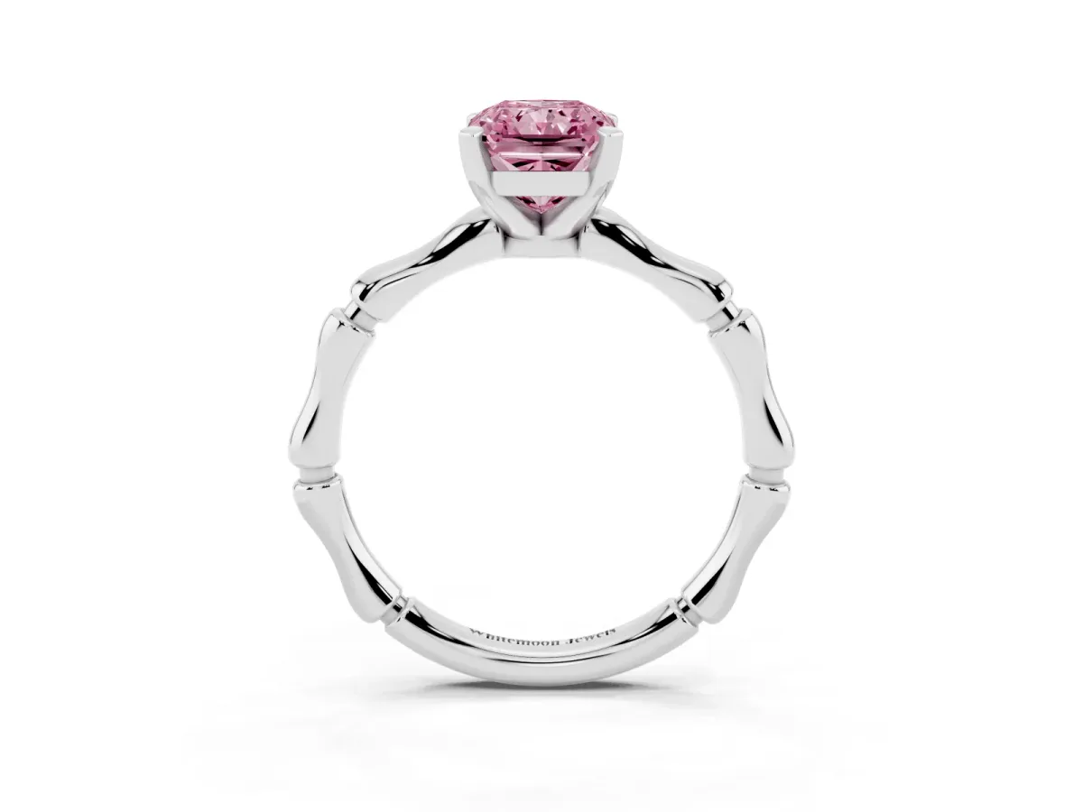 Fancy Pink Radiant Cut Solitaire Diamond Ring with Bamboo Band and Four-Prong Setting Silver