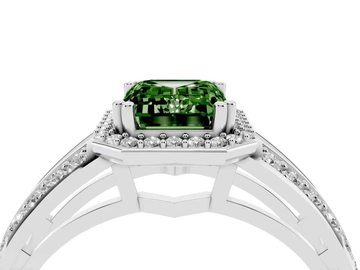 Fancy Green Emerald Cut Diamond Halo Ring with Split Shank Pavé Band and Four-Prong Setting White gold