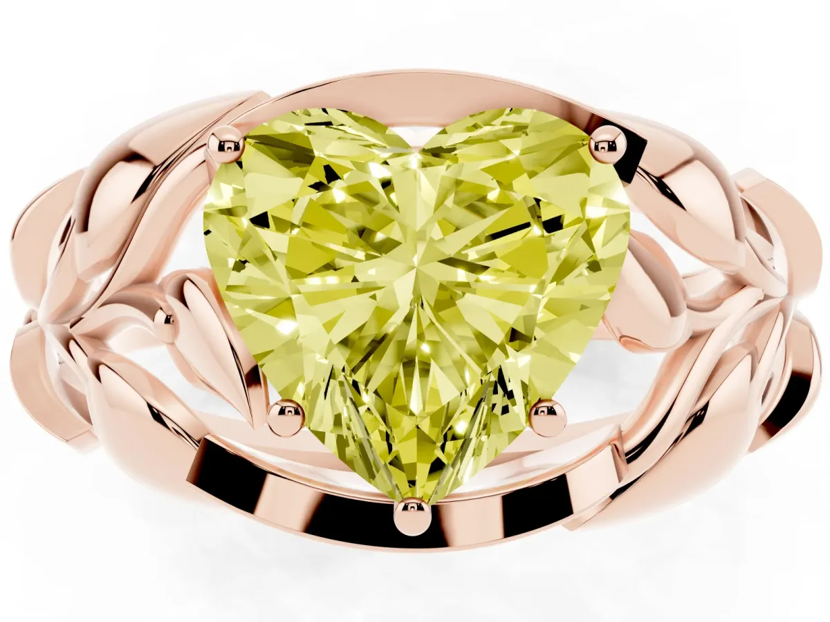 Fancy Yellow Heart Cut Diamond Leaf-Inspired Engagement Ring with Round Accents and Prong Setting Rose gold