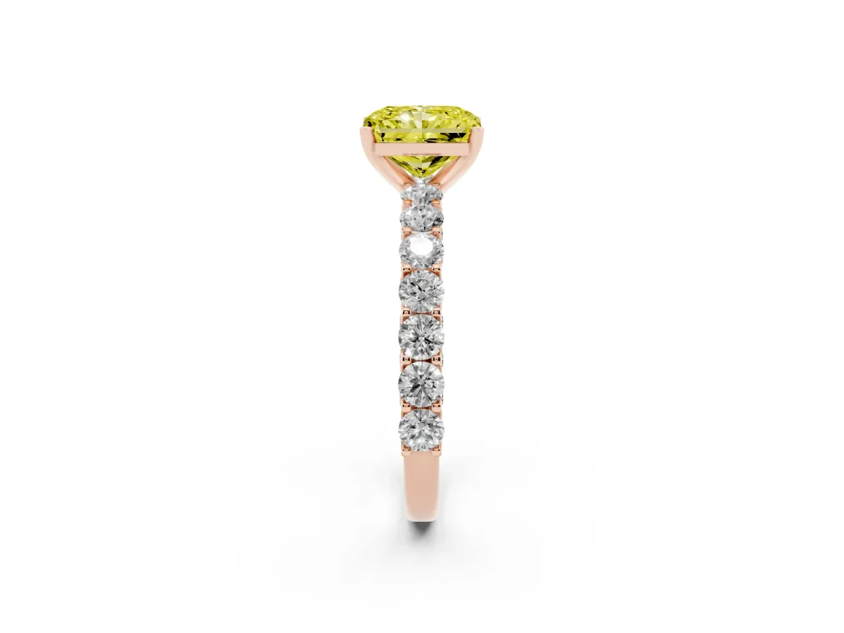 Fancy Yellow Radiant Cut Diamond Solitaire Ring with Shared Prong Pavé Band and Four-Prong Setting Rose gold
