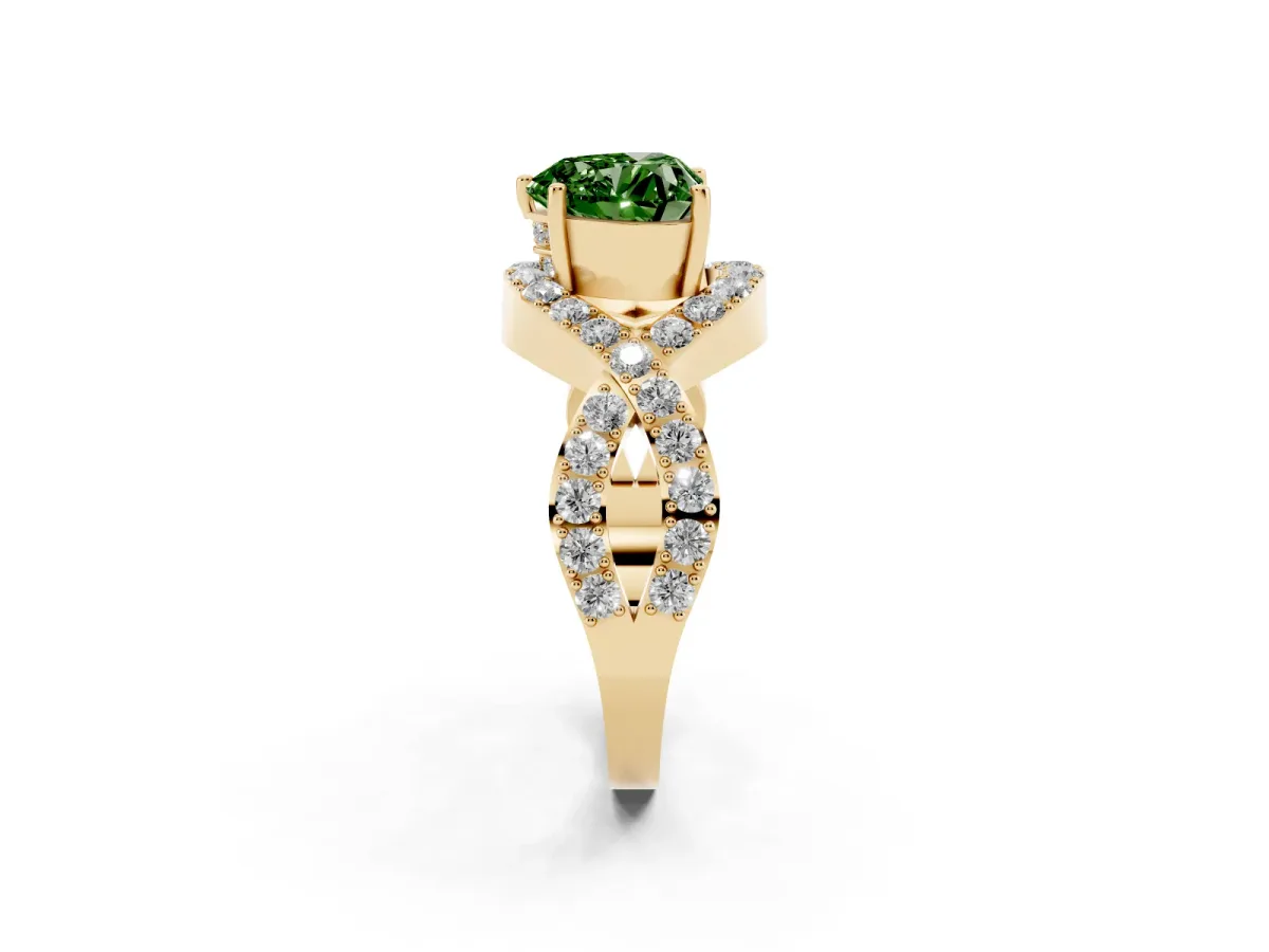 Fancy Green Heart Cut Solitaire Twist Band Pavé Diamond Engagement Ring Yellow gold