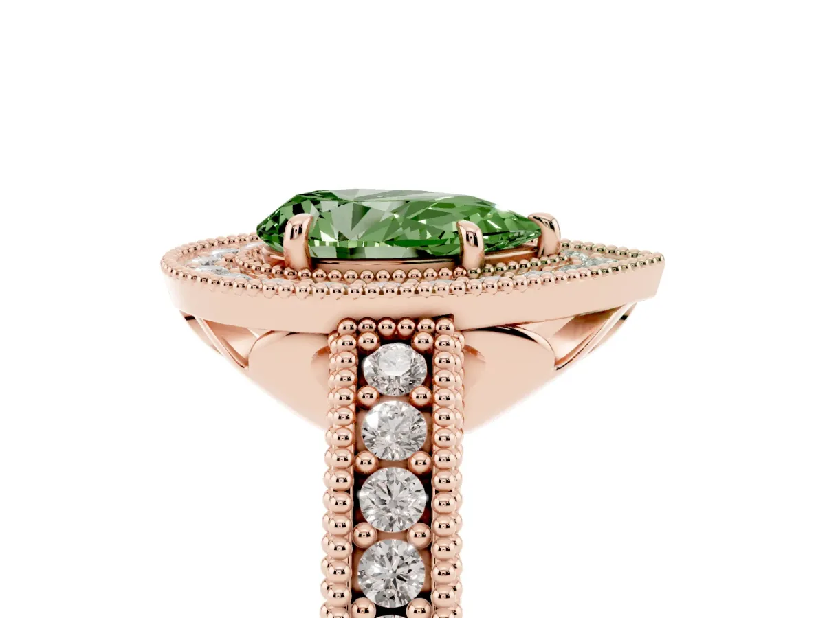 Fancy Green Pear Cut Cut Halo Diamond Ring with Pavé Band and Four-Prong Setting Rose gold