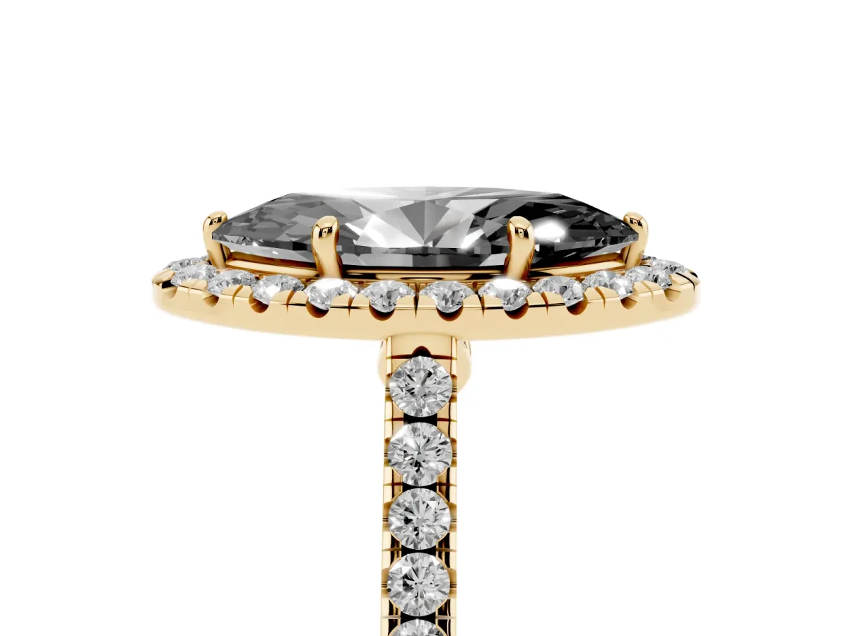 Fancy Black Marquise Cut Halo Pave Diamond Engagement Ring with Four-Prong Setting Yellow gold