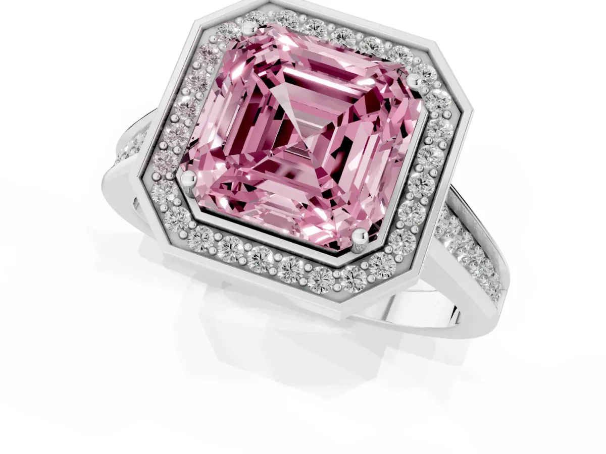 Fancy Pink Asscher Cut Halo Solitaire Diamond Ring with Pave Band and Bezel Setting Silver