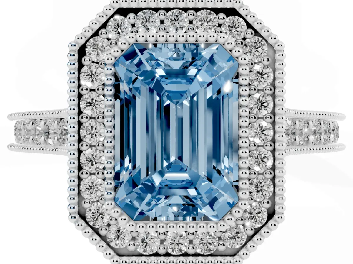 Fancy Blue Halo Emerald Cut-Cut Diamond Pave Band Milgrain Prong Setting Ring Silver