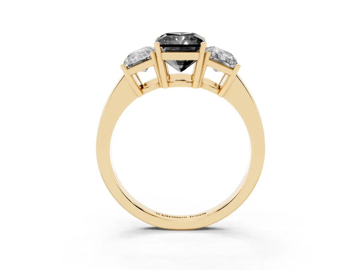Fancy Black Three-Stone Radiant Cut Cut Diamond Engagement Ring with Flat Band and Four-Prong Setting Yellow gold