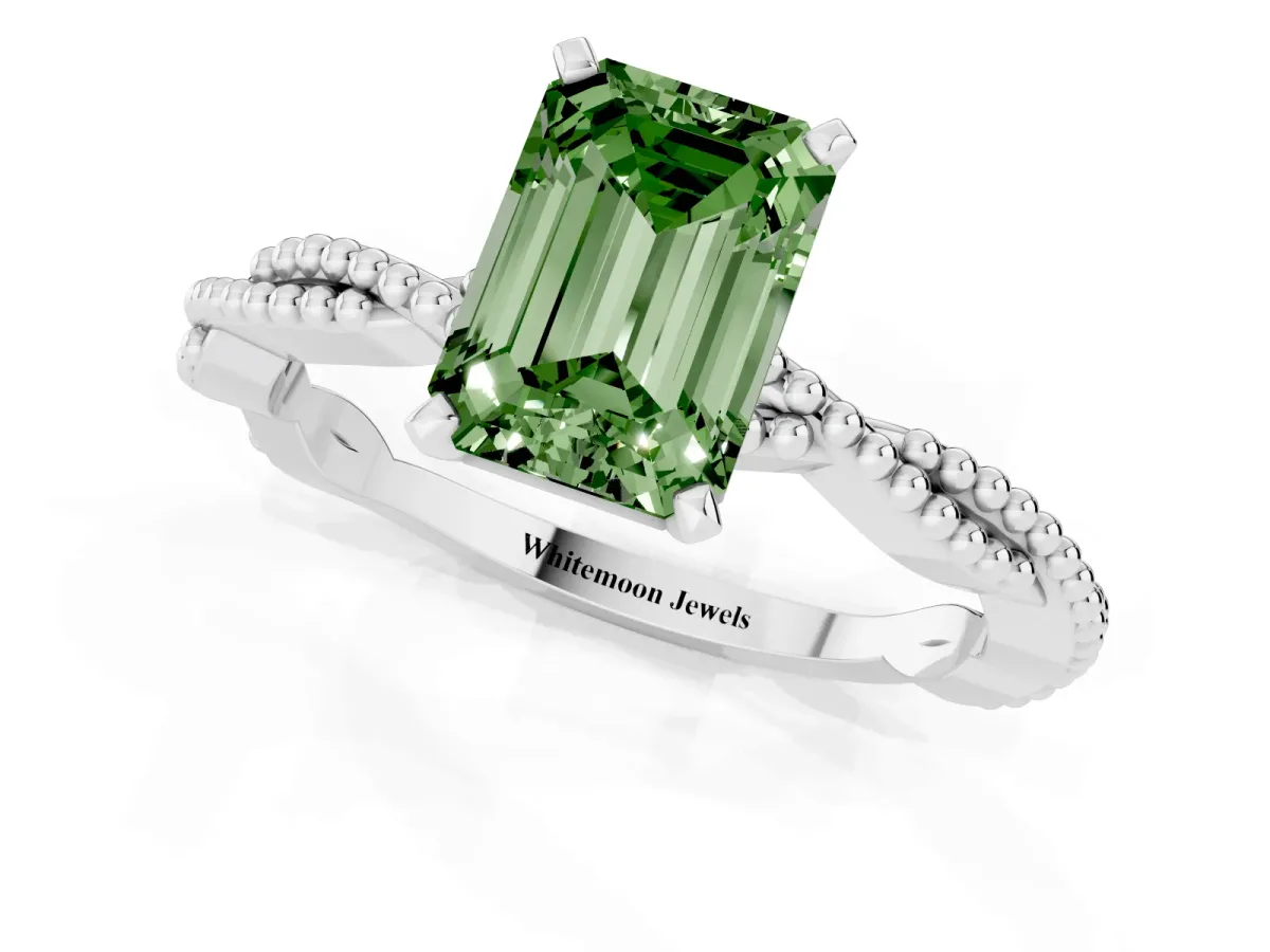 Fancy Green Emerald Cut Solitaire Twisted Band with Bead Prong Setting Silver