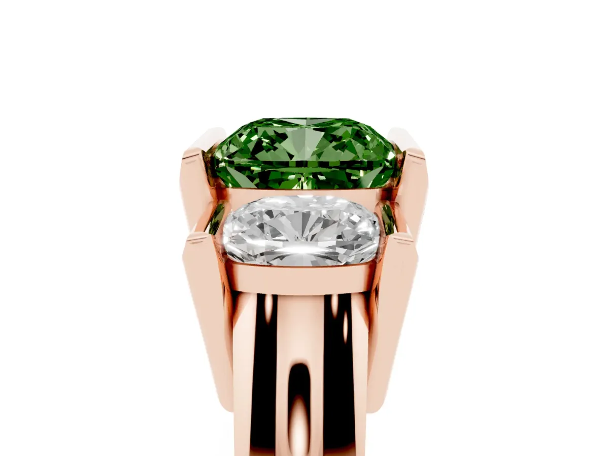 Fancy Green Three Stone Cushion Cut Cut Channel Set Diamond Ring Rose gold