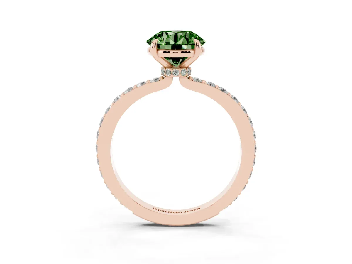 Fancy Green Round Cut Diamond Pavé Engagement Ring with Round Accents and Prong Setting Rose gold