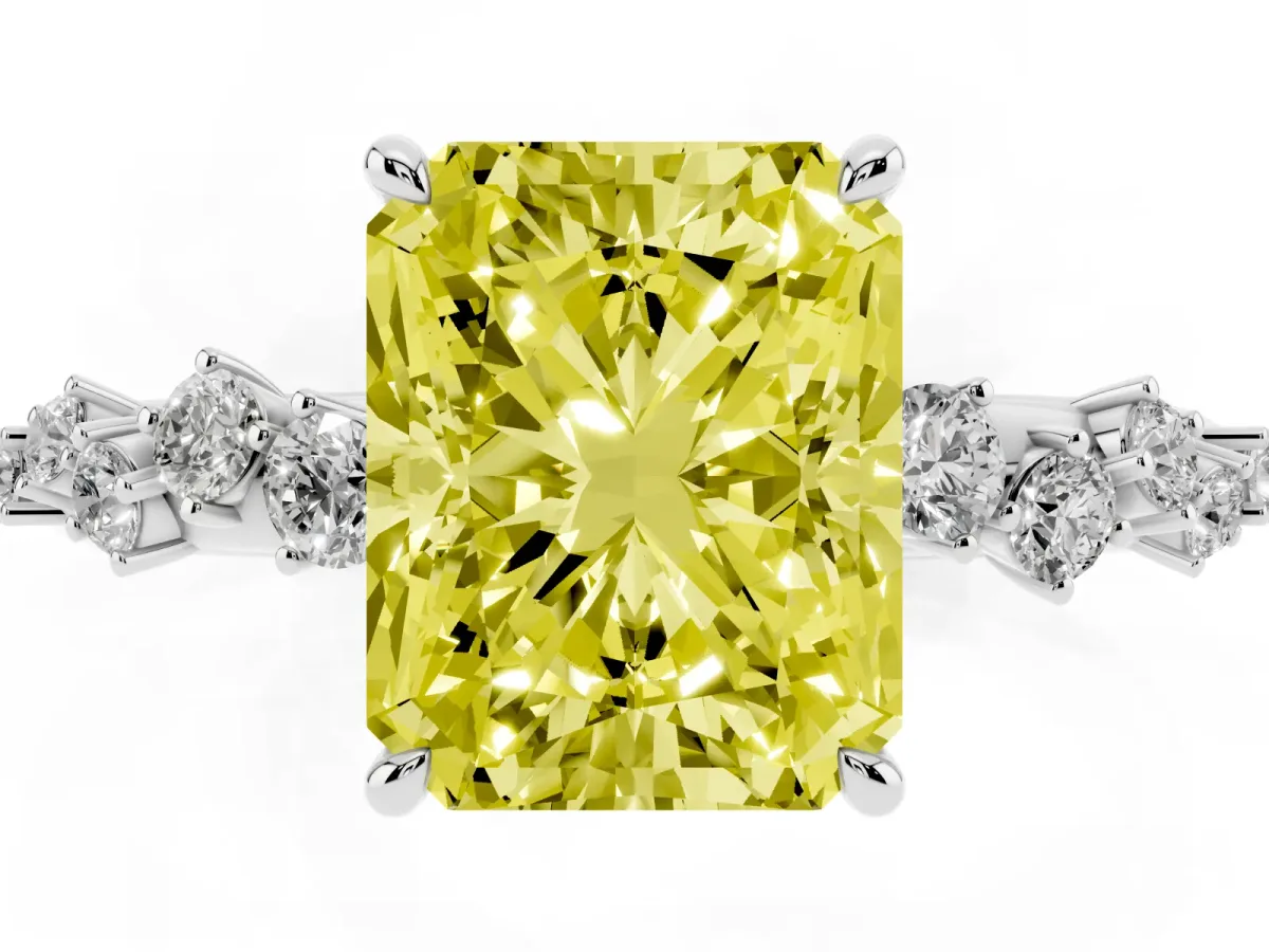 Fancy Yellow Radiant Cut Diamond Cluster Side Stone Solitaire Ring with Prong Setting White gold