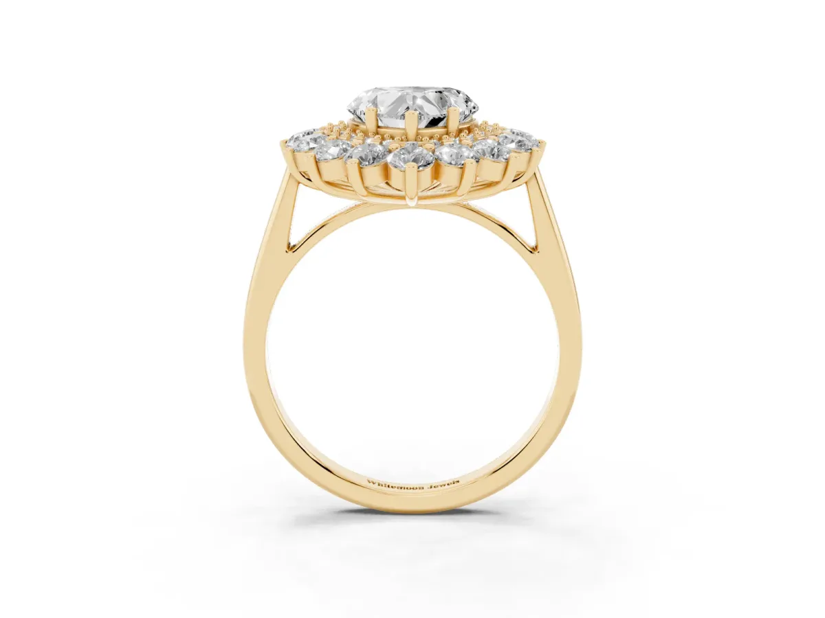 Heart Cut Diamond Floral Double Halo Engagement Ring with Prong Setting Yellow gold