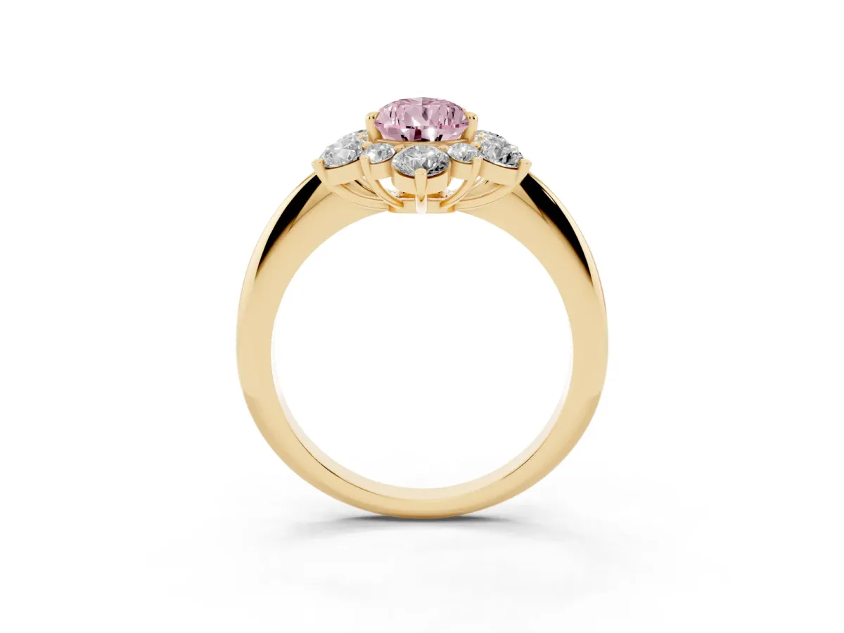 Fancy Pink Pear Cut Diamond Cluster Halo Ring with Solitaire Band and Four-Prong Setting Yellow gold