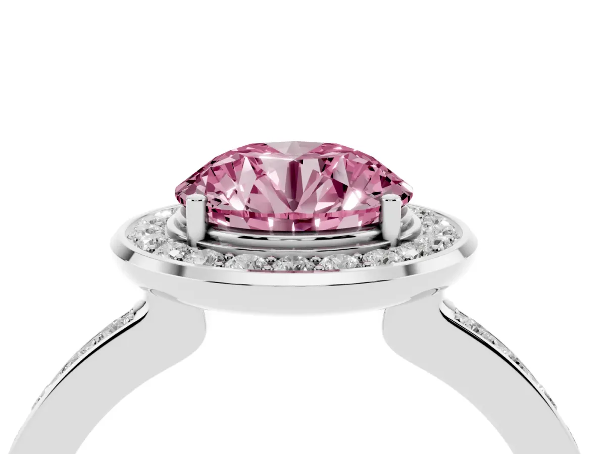 Fancy Pink Round Cut Diamond Halo Ring with Bezel Frame and Pavé Band Silver