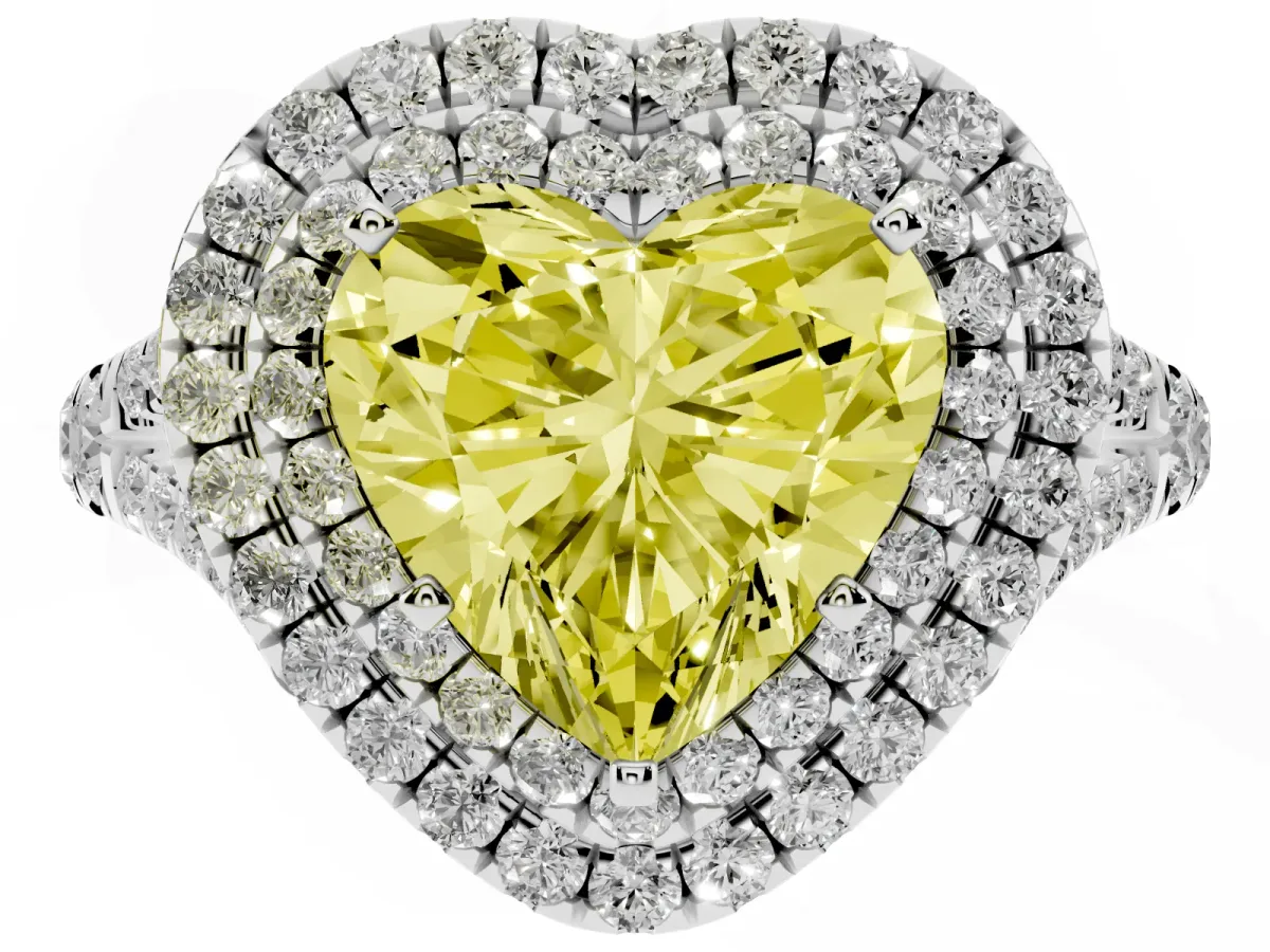 Fancy Yellow Heart Cut Cut Double Halo Split Shank Diamond Ring with Prong Setting Silver