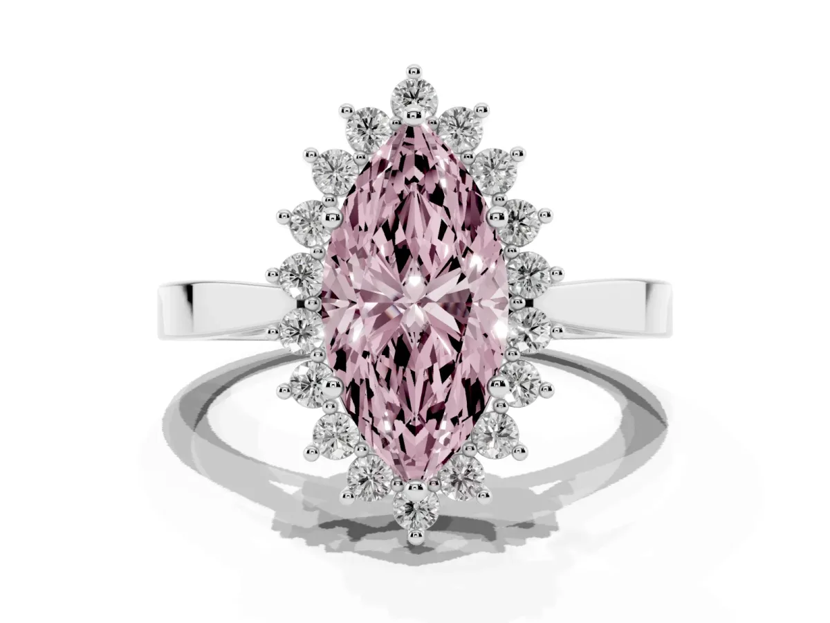 Fancy Pink Marquise Cut Cut Diamond Halo Ring with Round Brilliant Halo and Solitaire Band Platinum
