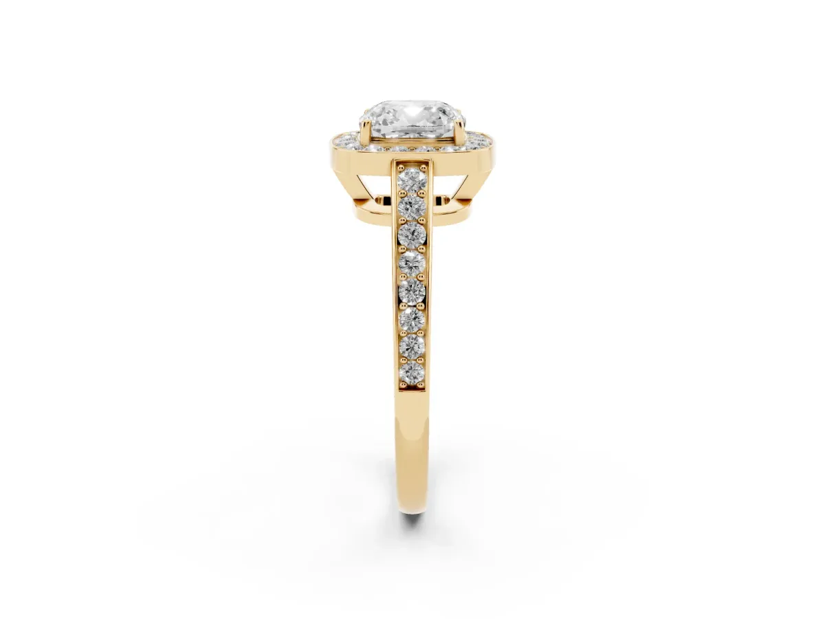 Cushion Cut Halo Pavé Diamond Engagement Ring with Bezel Setting Yellow gold