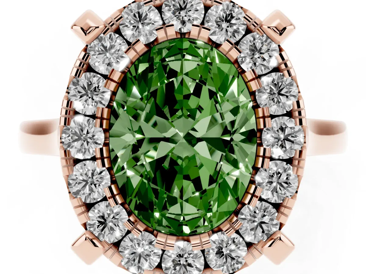 Fancy Green Oval Cut Diamond Cluster Halo Solitaire with Four-Prong Setting Rose gold