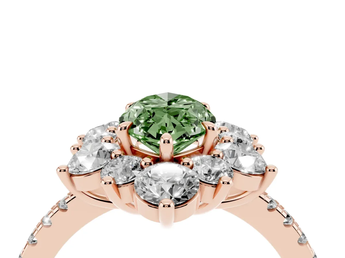 Fancy Green Marquise Cut Diamond Floral Halo Ring with Round Pavé Band and Prong Setting Rose gold