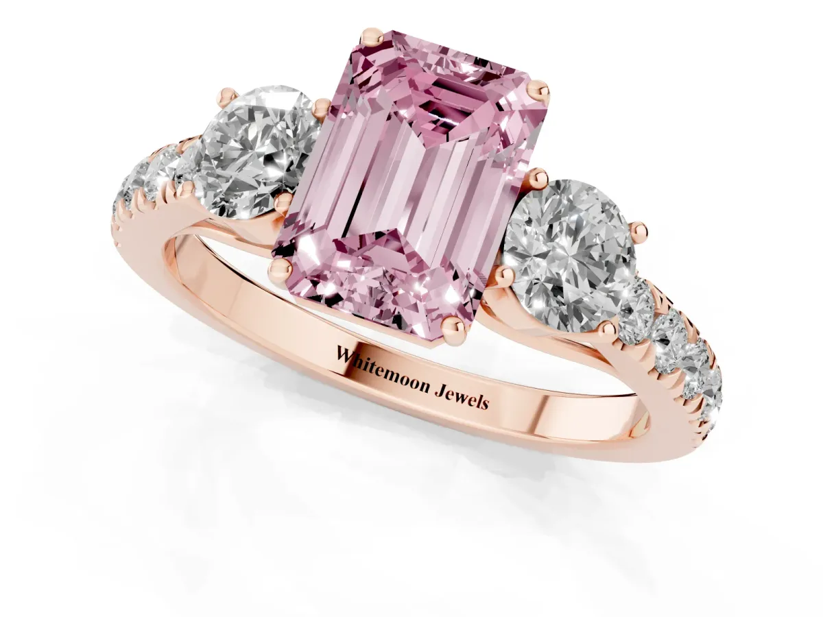 Fancy Pink Emerald Cut Cut Diamond Three-Stone Ring with Round Side Stones and Pavé Band Rose gold