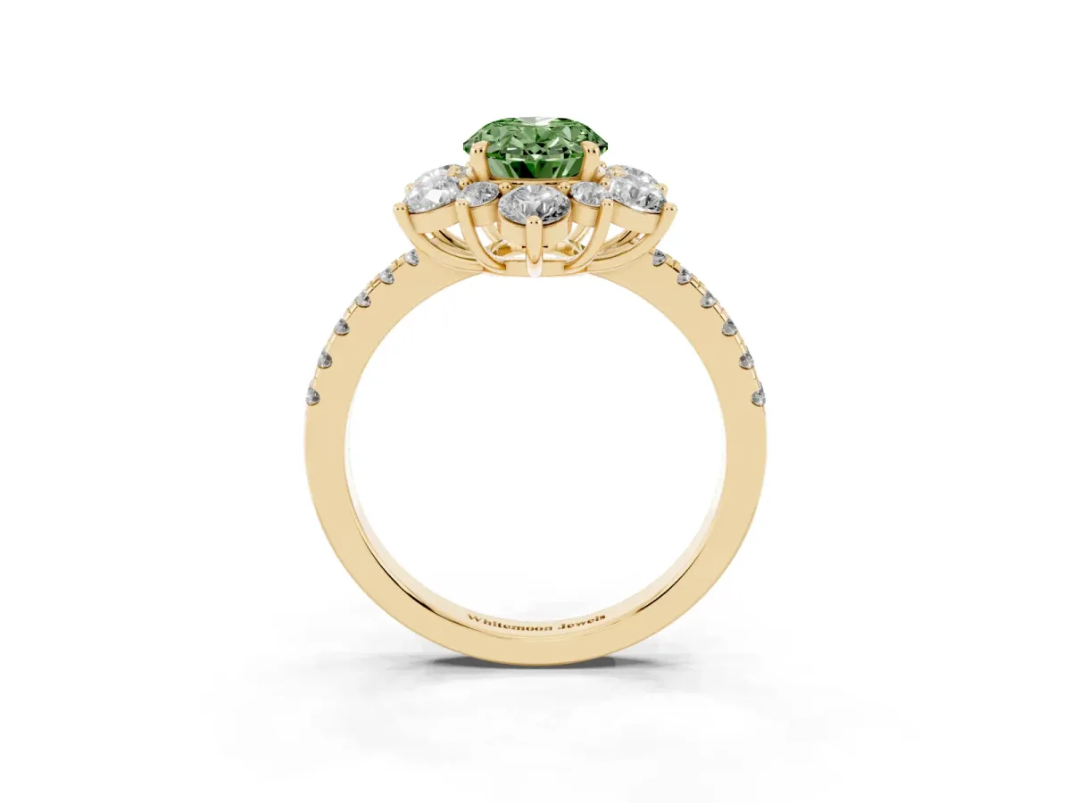 Fancy Green Oval Cut Diamond Floral Halo Ring with Round Pavé Band and Prong Setting Yellow gold