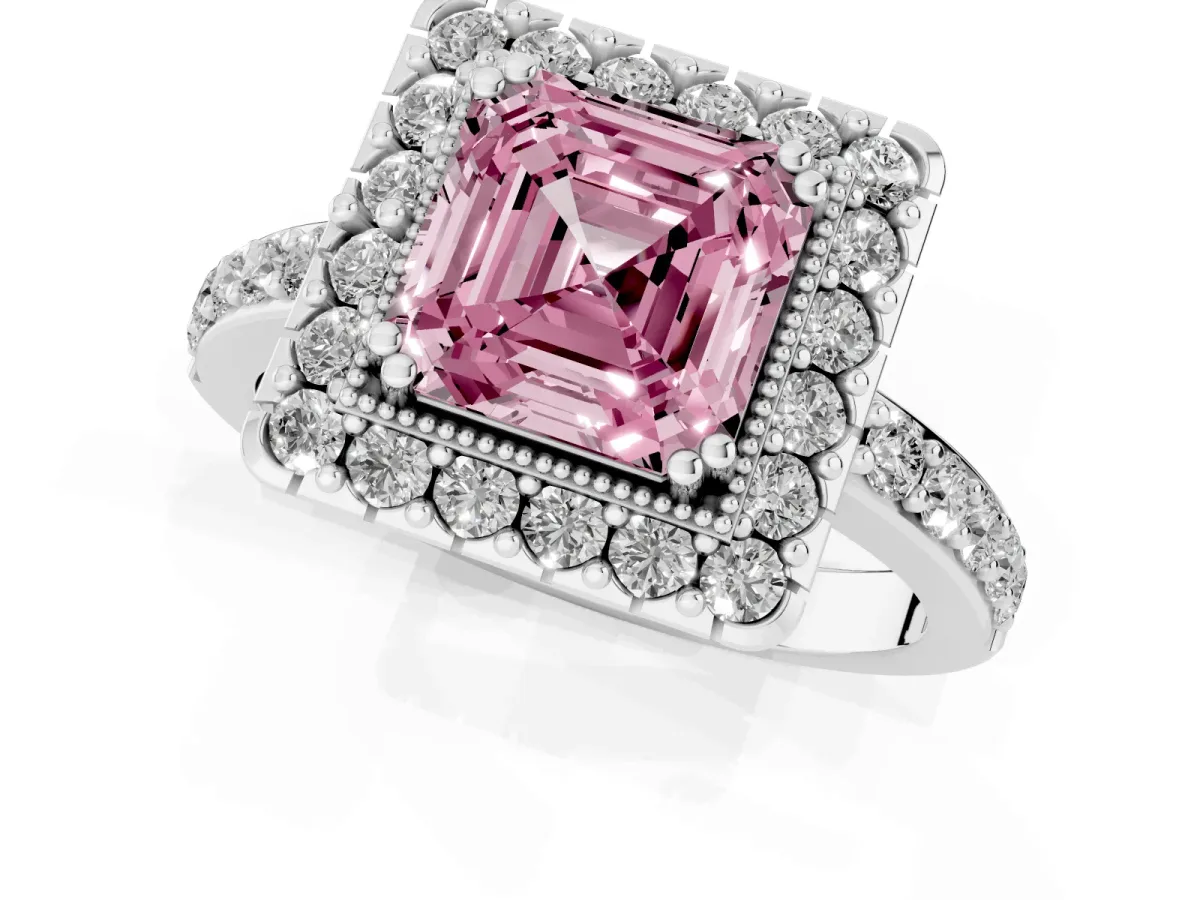 Fancy Pink Asscher Cut Diamond Halo Ring with Pavé Band and Prong Setting Silver