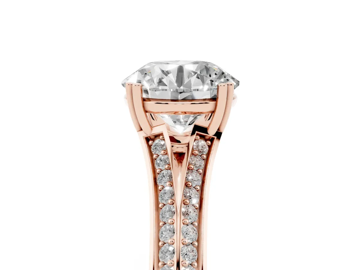 Round Cut Diamond Split Shank Engagement Ring with Pavé Band Rose gold