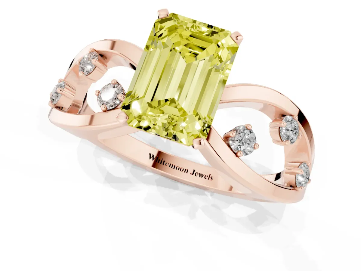Fancy Yellow Emerald Cut Cut Solitaire Diamond with Side Stones on Criss-Cross Band and Four-Prong Setting Rose gold