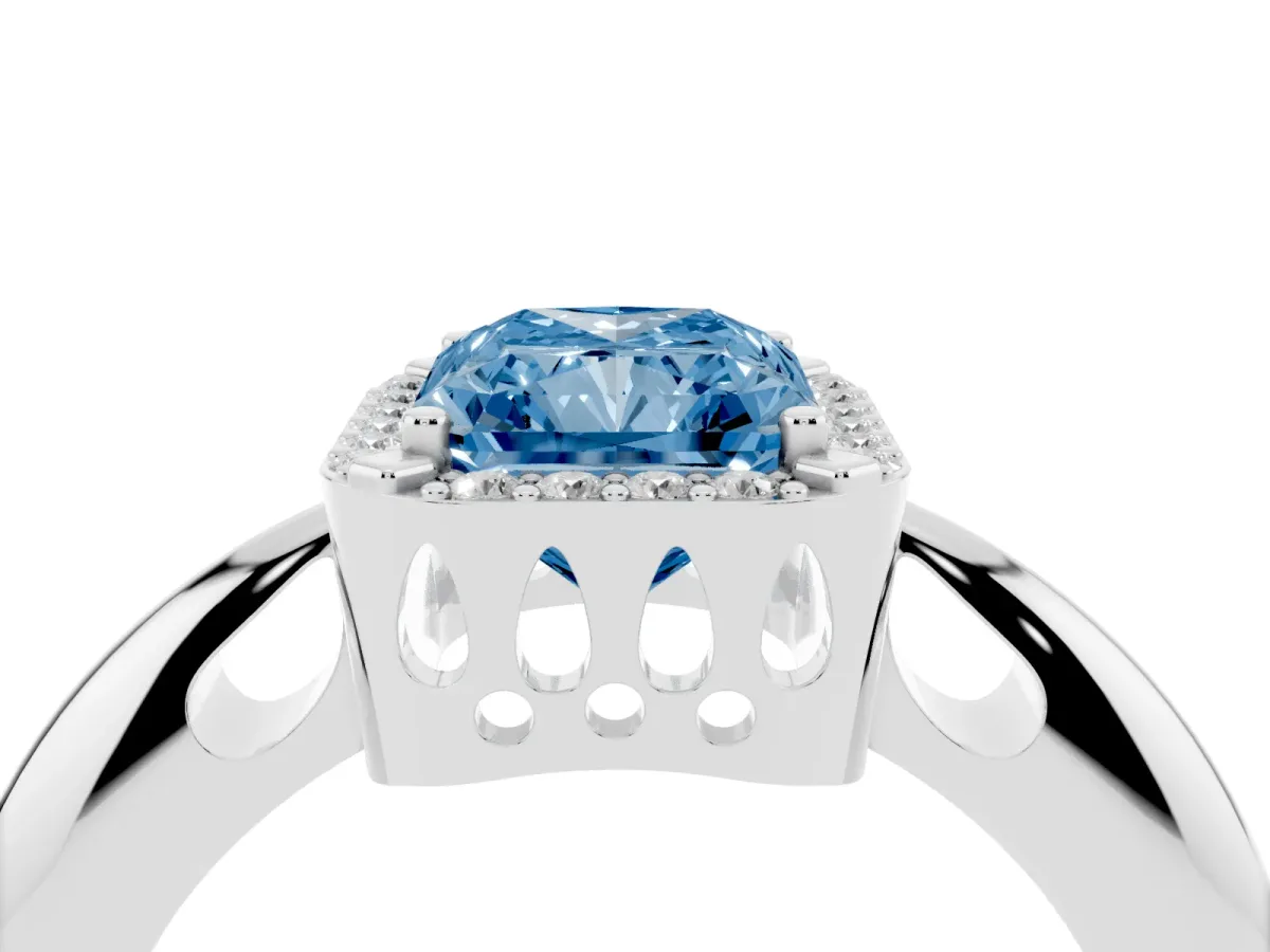 Fancy Blue Radiant Cut Cut Diamond Halo Engagement Ring with Split Shank and Four-Prong Setting Silver