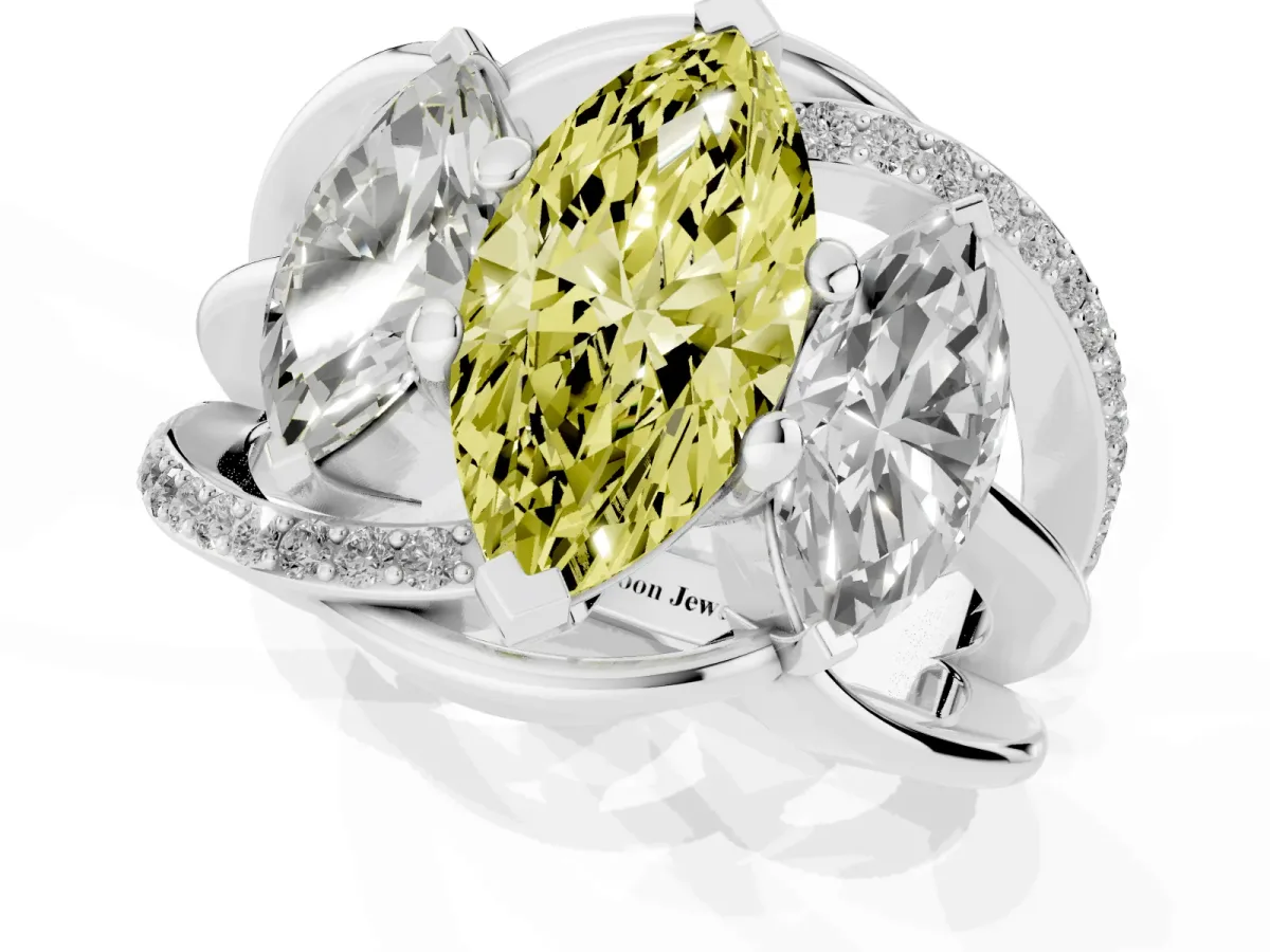 Fancy Yellow Three-Stone Marquise Cut Cut Diamond Split Shank Prong Set Ring Platinum
