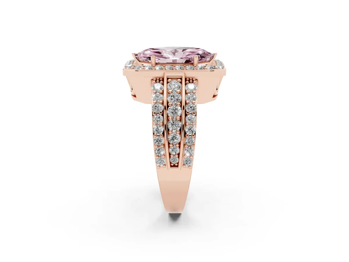Fancy Pink Marquise Cut Halo Diamond Ring with Round Split Shank and Prong Setting Rose gold