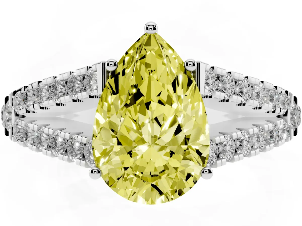 Fancy Yellow Pear Cut Diamond Split Shank Pavé Engagement Ring with Four-Prong Setting White gold