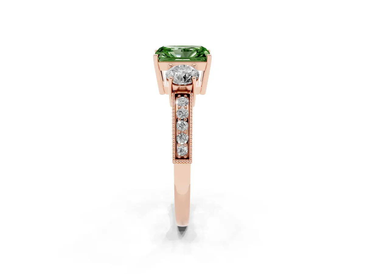 Fancy Green Radiant Cut Three-Stone Diamond Ring with Pavé Band and Four-Prong Setting Rose gold