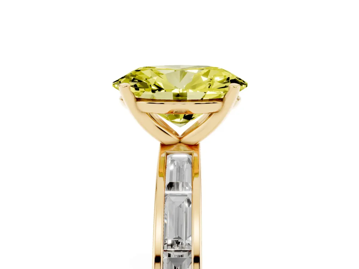 Fancy Yellow Oval Cut Solitaire Diamond Ring with Channel-Set Baguette Band and Four-Prong Setting Yellow gold