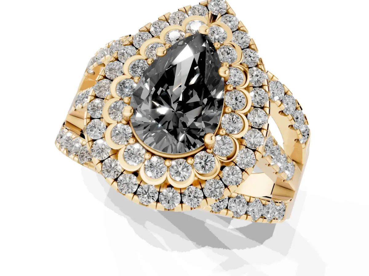 Fancy Black Pear Cut Diamond Double Halo Ring with Round Pavé Split Shank and Prong Setting Yellow gold