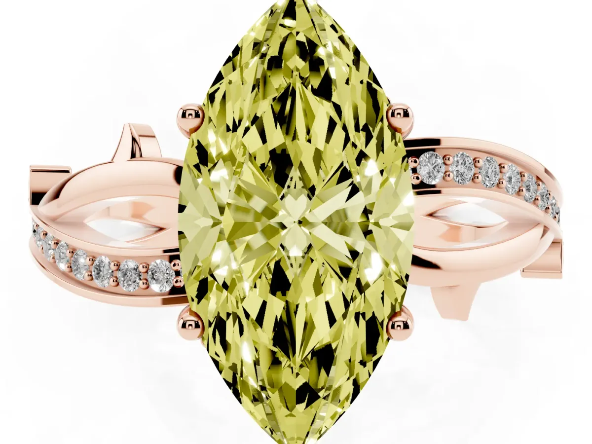 Fancy Yellow Marquise Cut Solitaire Twist Band with Pavé Accents and Four-Prong Setting Rose gold