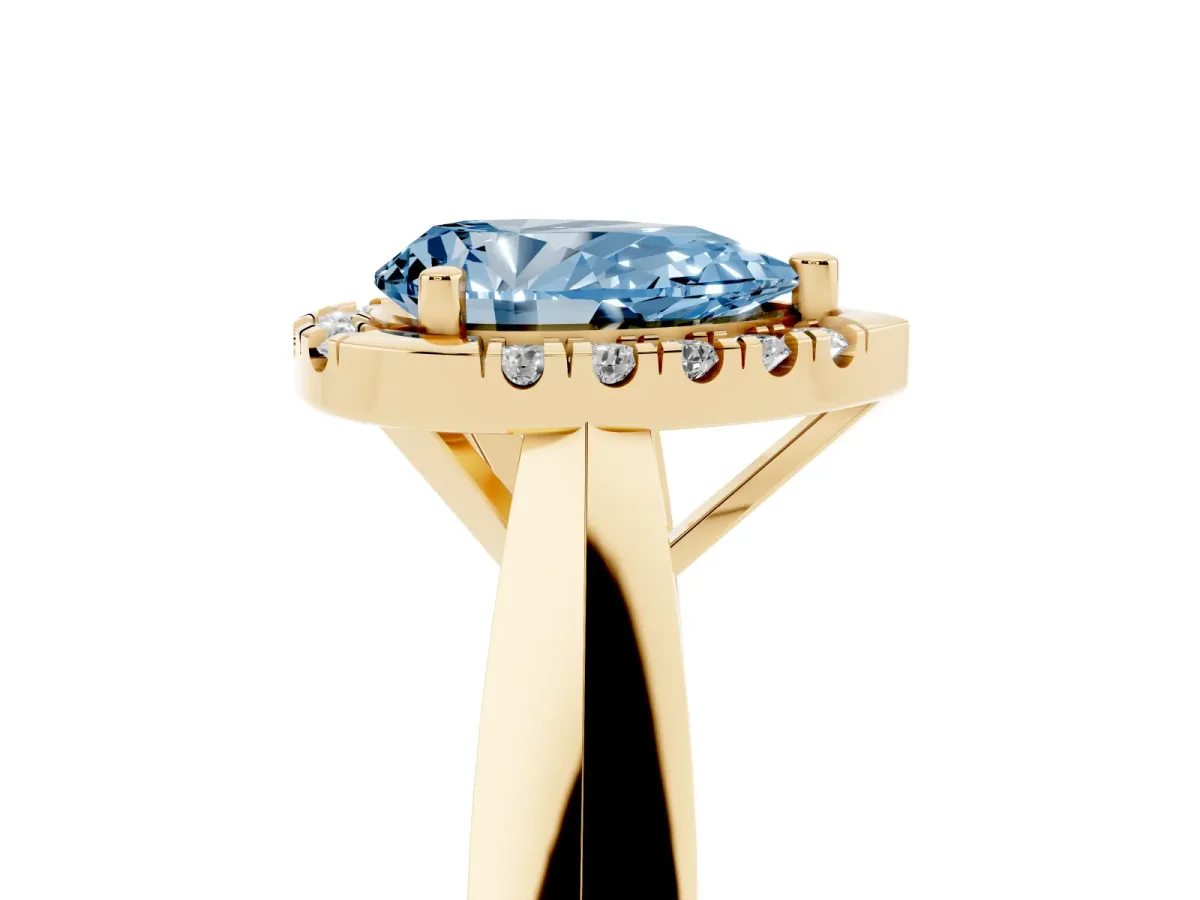 Fancy Blue Pear Cut Cut Halo Solitaire Engagement Ring with Square Band and Four-Prong Setting Yellow gold