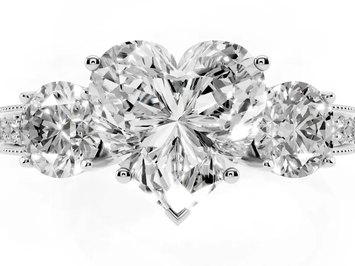 Heart Cut Three-Stone Diamond Ring with Pavé Band and Four-Prong Setting Silver