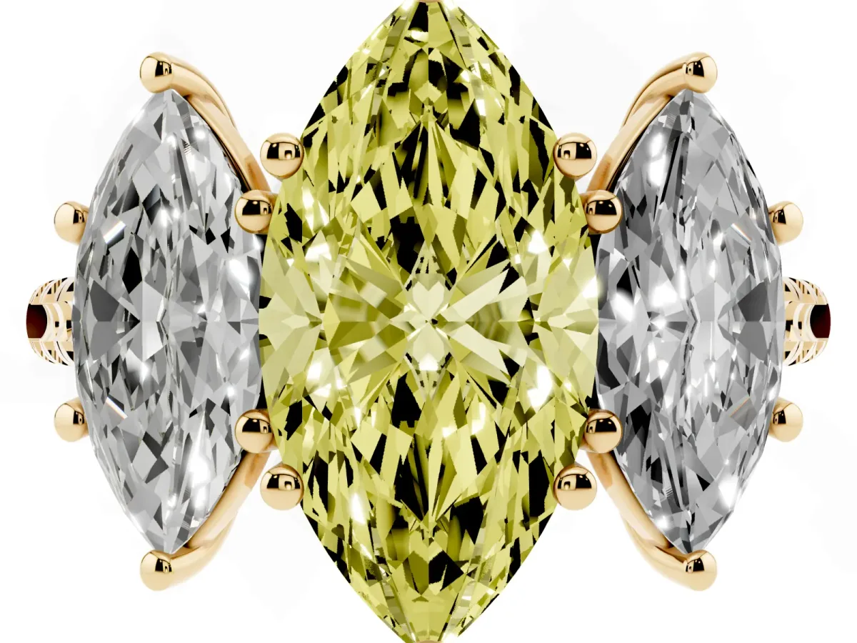 Fancy Yellow Three-Stone Marquise Cut Diamond Ring with Round Pavé Band and Prong Setting Yellow gold