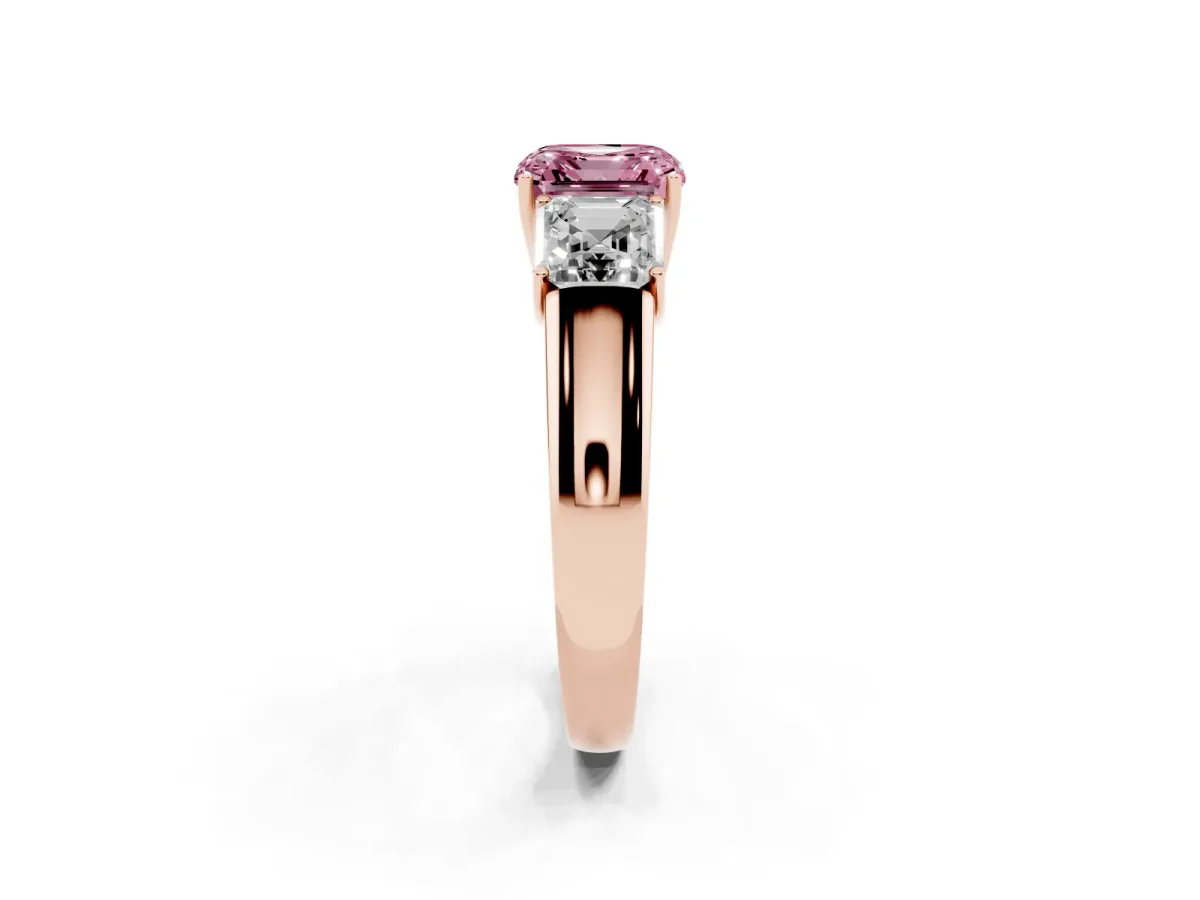 Fancy Pink Three-Stone Asscher Cut Cut Diamond Ring with Prong Setting and Classic Band Rose gold