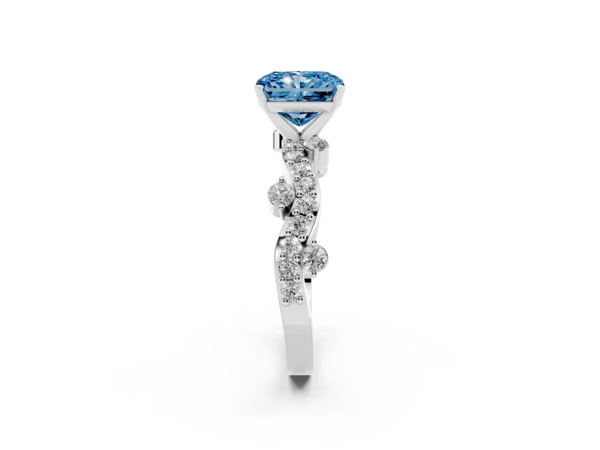 Fancy Blue Radiant Cut Cut Solitaire Diamond Twisted Band with Pave Setting Silver