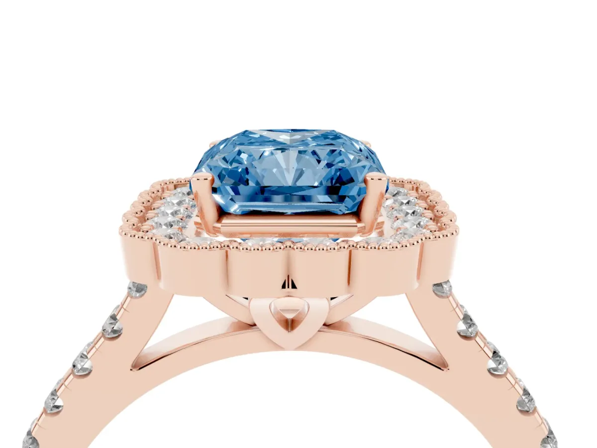 Fancy Blue Radiant Cut Cut Diamond Milgrain Floral Halo Engagement Ring with Pavé Band Rose gold