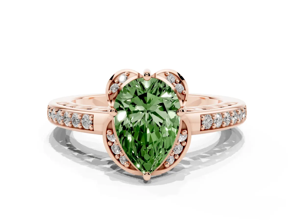 Fancy Green Pear Cut Cut Halo Diamond Ring with Channel Set Band and Four-Prong Setting Rose gold