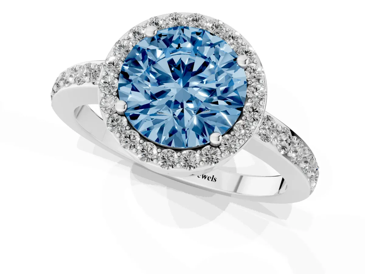 Fancy Blue Round Cut Halo Diamond Pavé Band Ring with Prong Setting Silver
