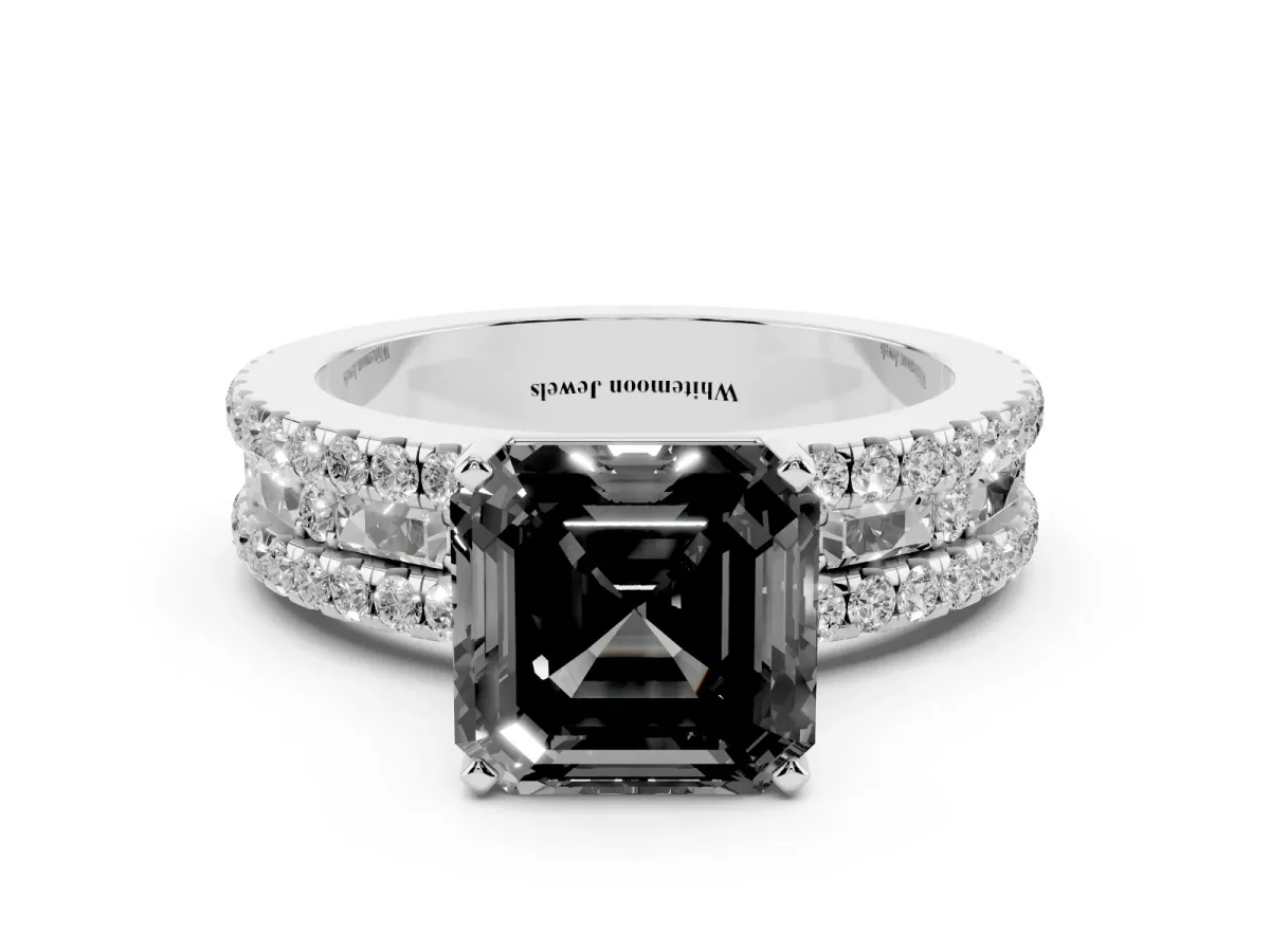 Fancy Black Asscher Cut Diamond Solitaire Ring with Pavé and Channel Set Band Silver
