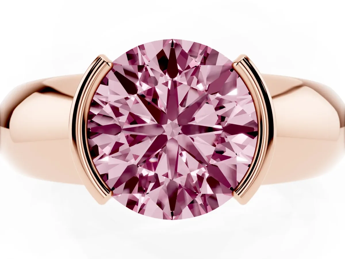 Fancy Pink Round Cut Solitaire Tension Set Diamond Ring with Wide Band Rose gold