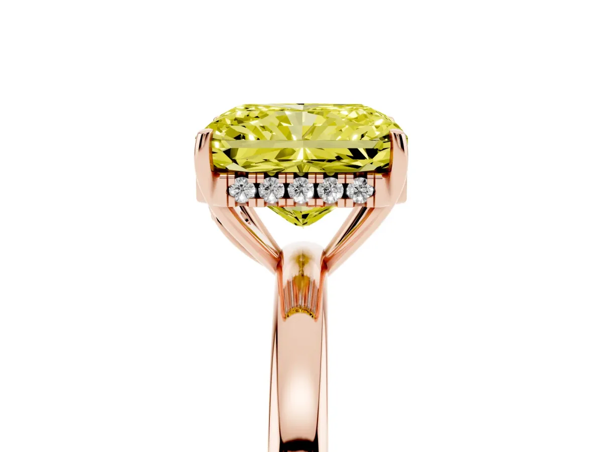 Fancy Yellow Radiant Cut Solitaire Diamond Ring with Prong Setting and Plain Band Rose gold