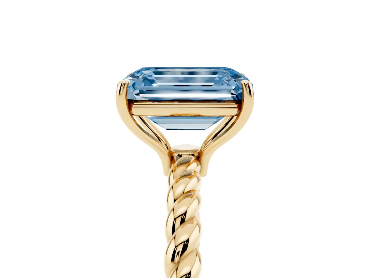 Fancy Blue Emerald Cut Solitaire Twisted Band 4-Prong Ring Yellow gold