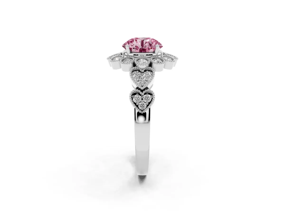 Fancy Pink Round Cut Brilliant Milgrain Pave Heart Band Solitaire Ring Platinum