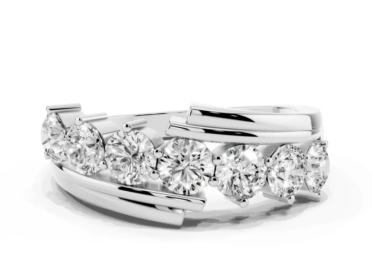Round Diamond Wave Band with Channel and Shared Prong Setting Silver