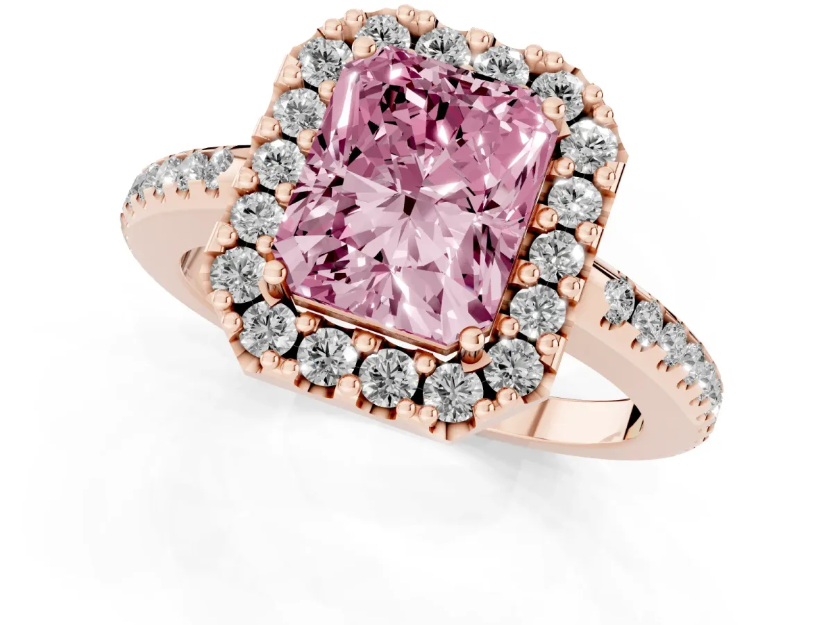 Fancy Pink Radiant Cut Diamond Pavé Halo Ring with Four-Prong Setting Rose gold